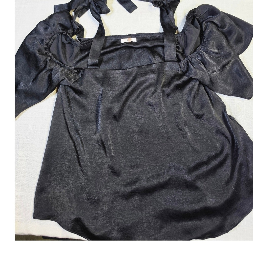 Soprano Black Satin Tie Shoulder Puff Sleeve Blouse Square Neck Top Womens